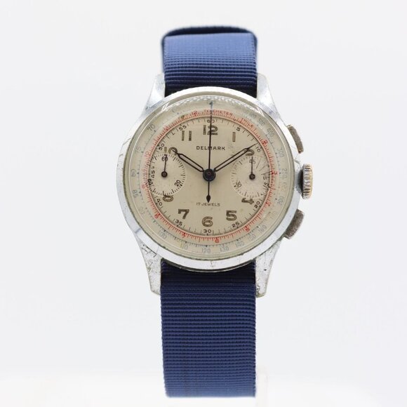 Vintage 34mm Delmark Men's Mechanical Chronograph Wristwatch Venus 188 Swiss - Picture 1 of 7